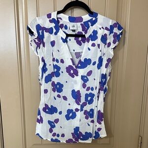 CAbi Blue and Purple Floral Blouse Ruffle sleeve size S New!